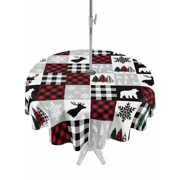 Christmas Outdoor Round Tablecloth with Umbrella Hole 60", Elk Christmas Tree Bear Patchwork Grid Waterproof Zippered Table Cloth Wrinkle Free Wipeable Desk Covers for Patio Party