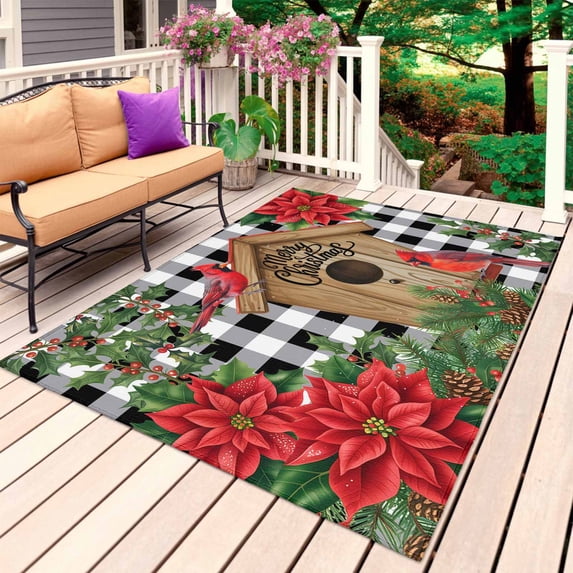 Christmas Outdoor Rug 3x5 Ft, Non Slip Washable Area Rug, Red Cardinal Bird Poinsettia Pine Needles Plaid Patio Rugs Carpet Runner, Large Floor Mat for Indoor/Outdoor Deck Porch Camping