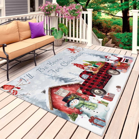 Christmas Outdoor Rug 3x5 Ft, Non Slip Washable Area Rug, Snowman Gnomes Cardinal Red Truck Barn Snow Patio Rugs Carpet Runner, Large Floor Mat for Indoor/Outdoor Deck Porch Camping