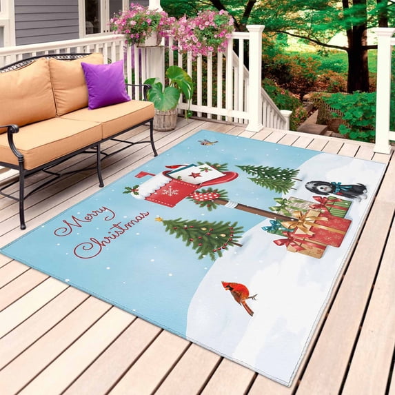 Christmas Outdoor Rug 3x5 Ft, Non Slip Washable Area Rug, Winter Cartoon Xmas Mailbox Cardinal Pine Trees Patio Rugs Carpet Runner, Large Floor Mat for Indoor/Outdoor Deck Porch Camping