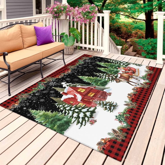 Christmas Outdoor Rug 3x5 Ft, Non Slip Washable Area Rug, Xmas Tree Reindeer Santa Claus Red Cottage Buffalo Plaid Patio Rugs Carpet Runner, Large Floor Mat for Indoor/Outdoor Deck Porch Camping