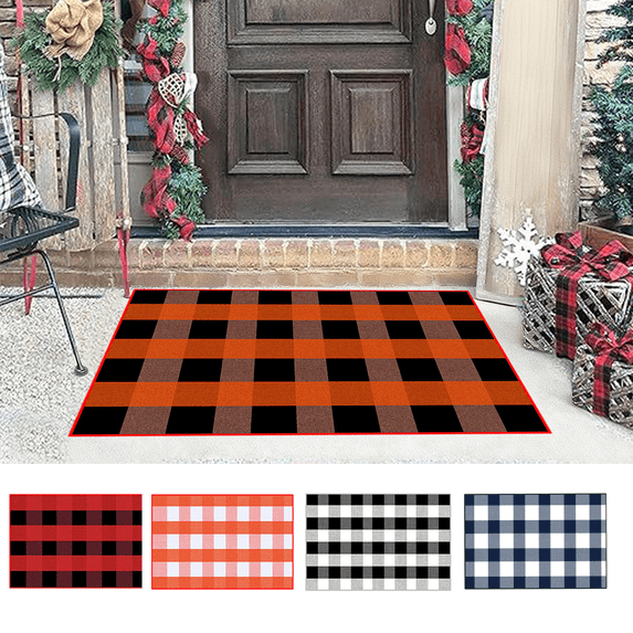 Christmas Outdoor Rug, Orange Plaid Hand-Woven Rug, Layered Doormats for Front Door, Porch, Patio, Farmhouse Entryway Holiday Mat Akmoler | Red