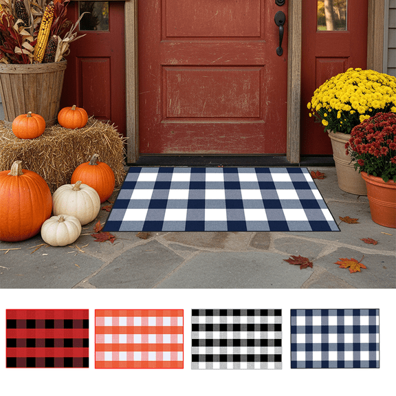 Christmas Outdoor Rug, Orange Plaid Hand-Woven Rug, Layered Doormats for Front Porch, Entryway, Patio, Farmhouse Holiday Floor Mat Akmoler | Blue