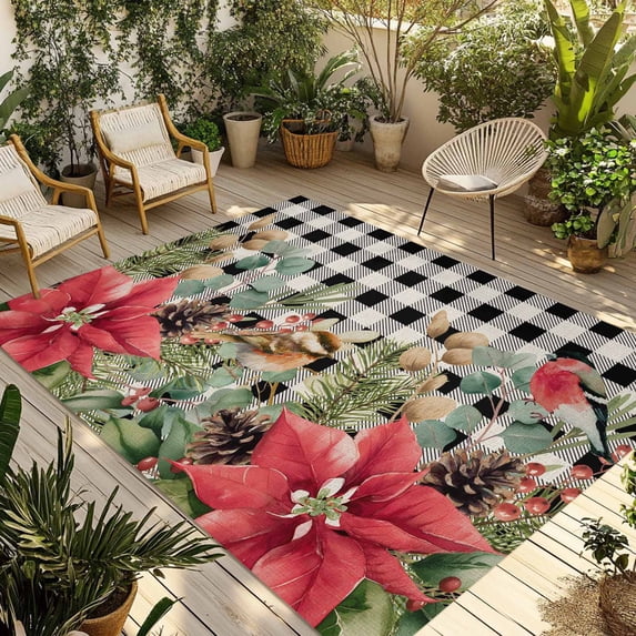 Christmas Outdoor Rug for Patio/Deck/Porch, Non-Slip Large Area Rug 3 x 5 Ft, Winter Poinsettia Berry Black White Plaid Indoor Outdoor Rugs Washable Area Rugs, Reversible Camping Rug Carpet Runner