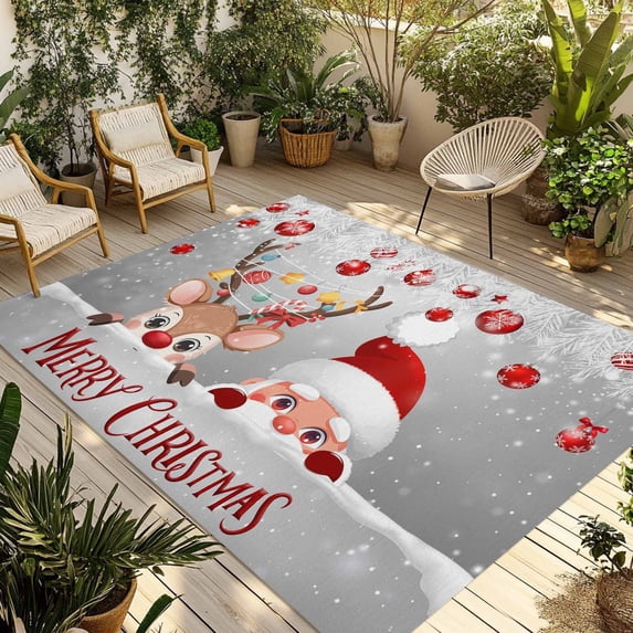 Christmas Outdoor Rug for Patio/Deck/Porch, Non-Slip Large Area Rug 4 x 6 Ft, Cute Santa Claus Reindeer Red Xmas Balls Snowy Grey Indoor Outdoor Rugs Washable Area Rugs, Camping Rug Carpet Runner
