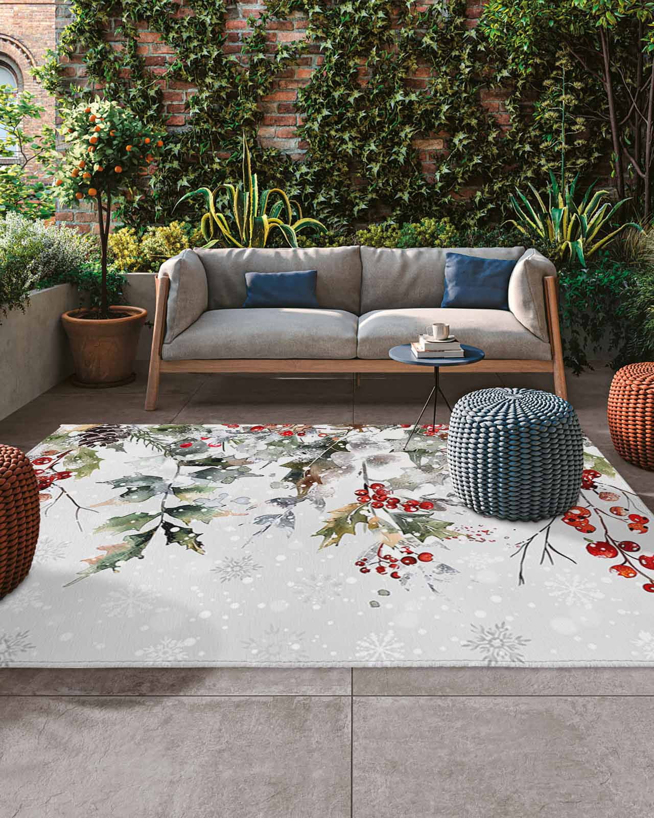 Christmas Outdoor Rug, Winter Pine Leaves Pine Cones Berries Snowflakes ...