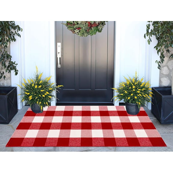 Christmas Outdoor Rugs 24 x 51''Red White Buffalo Plaid Front Porch Rug Hand-Woven Machine Washable Indoor/Outdoor Layered Door Mats for Entryway/Bedroom/Outdoor