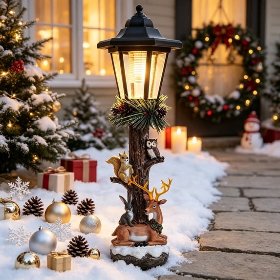 Christmas Outdoor Solar Lights, Solar Christmas Yard Decorations, Resin Courtyard Lamppost Lantern With Woodland Animal Figurines Multicolor LED Light 14.9 in for Pathway Porch Garden