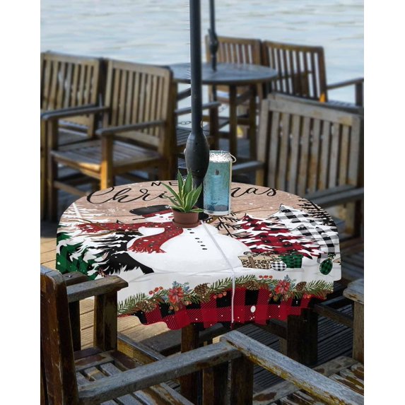 Christmas Outdoor Tablecloth - 52x70 Inch Rectangle Dining Table Cover, Vintage Red Plaid Tree Xmas Snowman Waterproof Outdoor Table Cloth with Umbrella Hole & Zipper for Picnic/Patio/Party