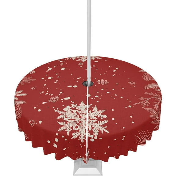 Christmas Outdoor Tablecloth with Umbrella Hole, Waterproof Zippered Table Cloth for Round Tables Snowflake Red Trees Plants Tabletop Collection for Patio, Garden, Picnic, Camping 60R