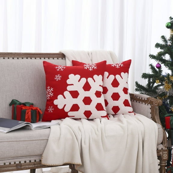 Christmas Outdoor Throw Pillow Covers Winter Holiday Snowflake Embroidered Decorative Xmas Cushion Cases Home Decor for Bedroom 18x18 Set of 2, Red