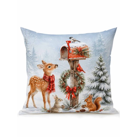 Christmas Outdoor Throw Pillow with Insert, 18"x18" Winter Red Mailbox Deer Bunny Squirrel Pine Tree Waterproof Decorative Square Patio Pillows for Small Patio Chairs, Balcony, Couch