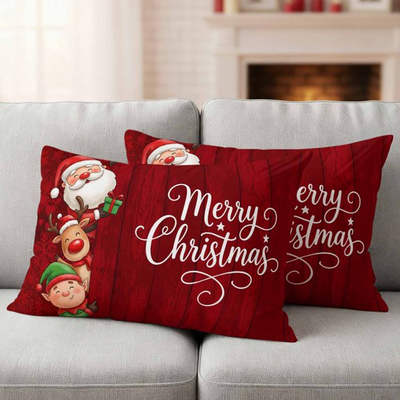 Christmas Outdoor Waterproof Throw Pillow Covers 20x12 Set of 2, Santa Xmas Green Elf Winter Elk Red Wooden Grain Decorative Pillowcases Cushion Pillowcase for Couch Sofa Patio Pillow Protector