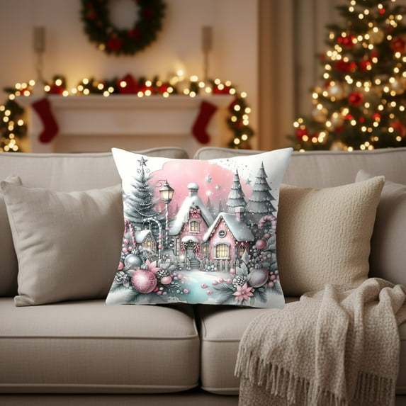Christmas Outdoor Waterproof Throw Pillow Covers, Pink Gingerbread House Decorative Pillowcases Outdoor Pillows Cushion Case 18x18 Inch Candy Snowy Scenery Patio Pillows for Couch Sofa Bed