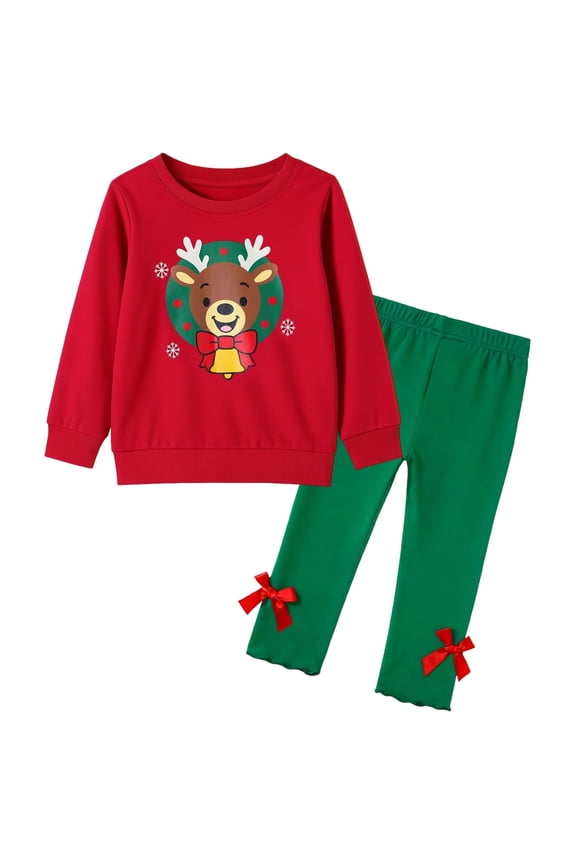 Toddler Girls Christmas Pants Set Light Red Elk Sweatshirt And Green Leggings Winter Playwear Outfits Clothing Sets 2pc 3T