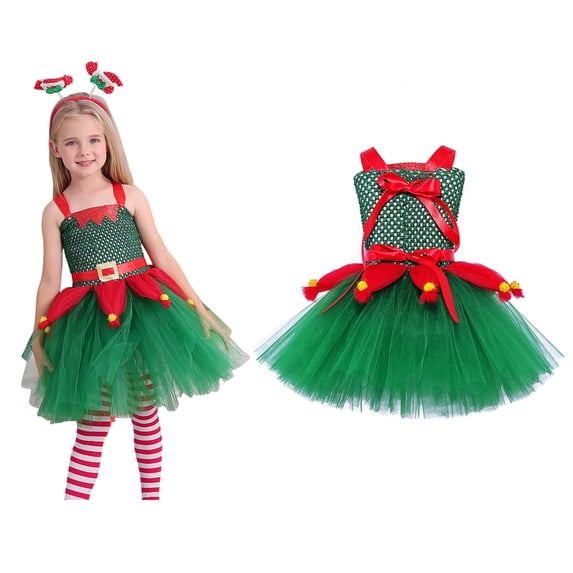 Christmas Outfit Sleeveless Christmas Elf Dresses with Headband and Pair of Socks Sets Green Tutu Dress Christmas Outfits for Girls Size 2-3 Years