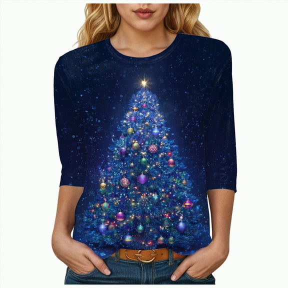 Christmas Outfit Women Christmas 3/4 Sleeve Tops for Women Bling Christmas Tree Print Tops Crew Neck Blouses Printed T Shirt Xmas Outfits Top Blue,L