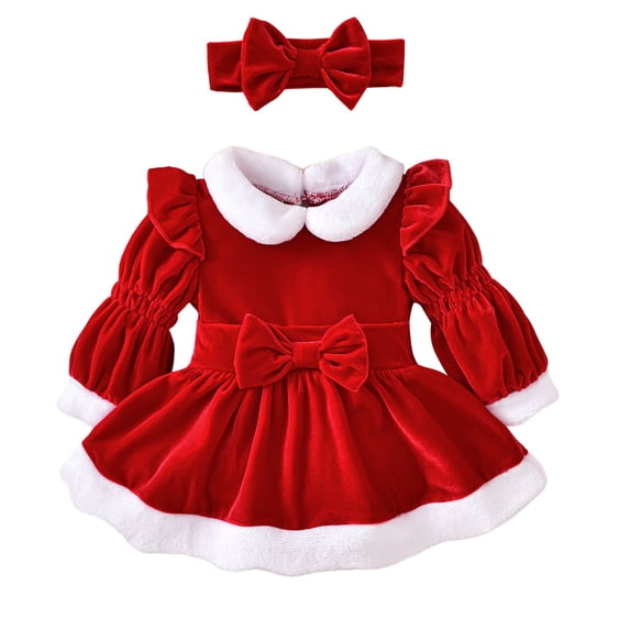 Christmas Outfit for Baby Girl Santa Romper Dress Bow Headband Set 1-18M