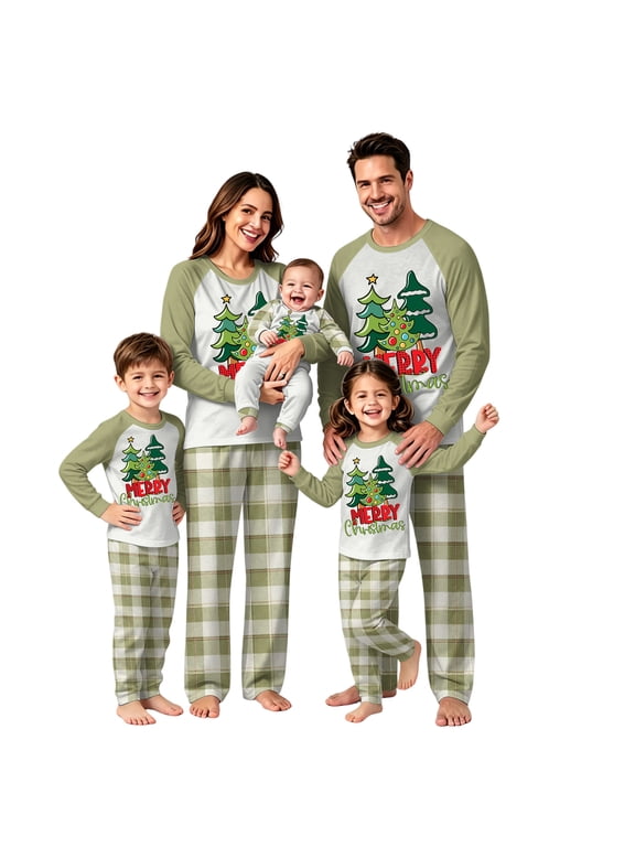 Christmas Outfits, Christmas One Piece Pajama Romper, Long Sleeve Cream Green Christmas Tree Merry Graphic with Sage Plaid Full Body Jumpsuit, Soft Sleepwear for Bedtime Home Lounge Winter Photos