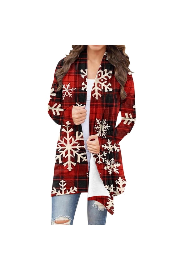Christmas Outfits Lightweight Cardigan Sweater for Women Xmas Printed Open Front Plus Size Long Sleeve Blouse Outwear (5XL, Red D-Xmas)
