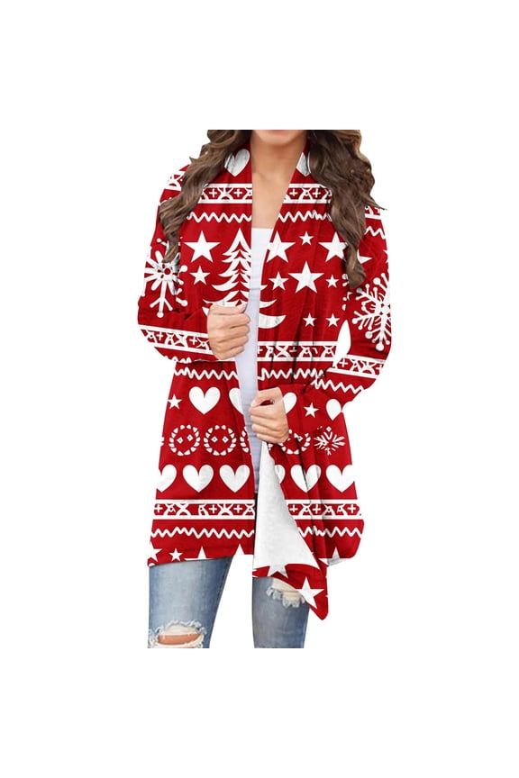 Christmas Outfits Lightweight Cardigan Sweater for Women Xmas Printed Open Front Plus Size Long Sleeve Blouse Outwear (M, Red E-Xmas)
