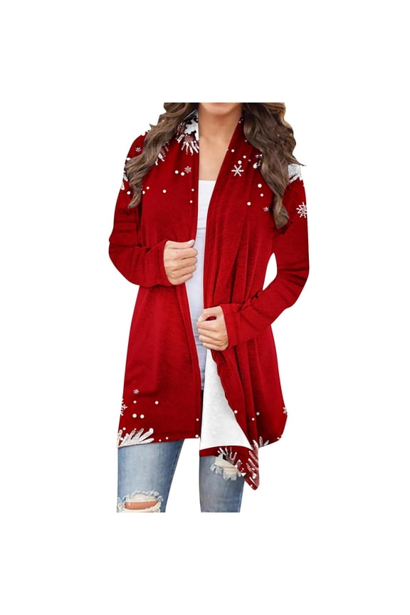 Christmas Outfits Lightweight Cardigan Sweater for Women Xmas Printed Open Front Plus Size Long Sleeve Blouse Outwear (XL, Red A-Xmas)