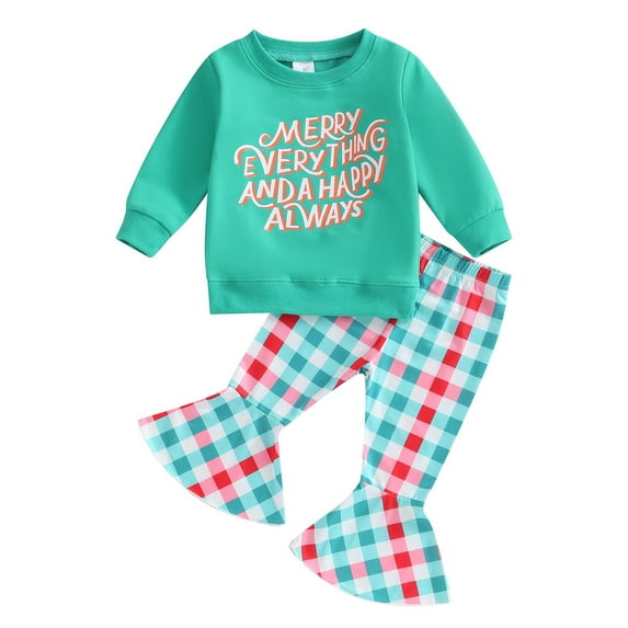 Christmas Outfits Toddler Letter Print Long Sleeve Sweatshirts + Plaid Flare Pant Sets 6M 9M 12M 18M 24M 3Y Kids Autumn Clothes