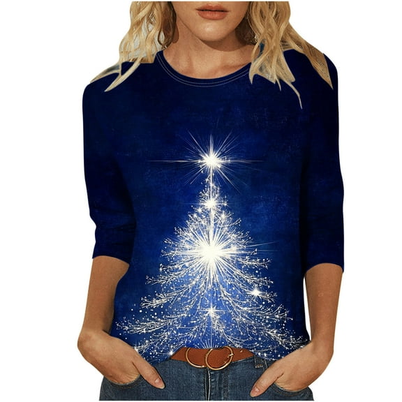 Christmas Outfits Women 3/4 Length Sleeve Tops Xmas Themed Graphic Crew Neck Tee Shirt Plus Size Festive Tshirts (2XL, Dark Blue)