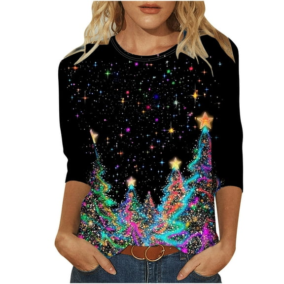 Christmas Outfits Women 3/4 Length Sleeve Tops Xmas Themed Graphic Crew Neck Tee Shirt Plus Size Festive Tshirts (XL, Black)