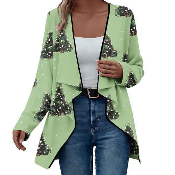 Christmas Outfits Women Drapped Cardigan Open Front Long Sleeve Coat with Santa Claus/Snowflake/Xmas Tree Prints (XL, Green 02)