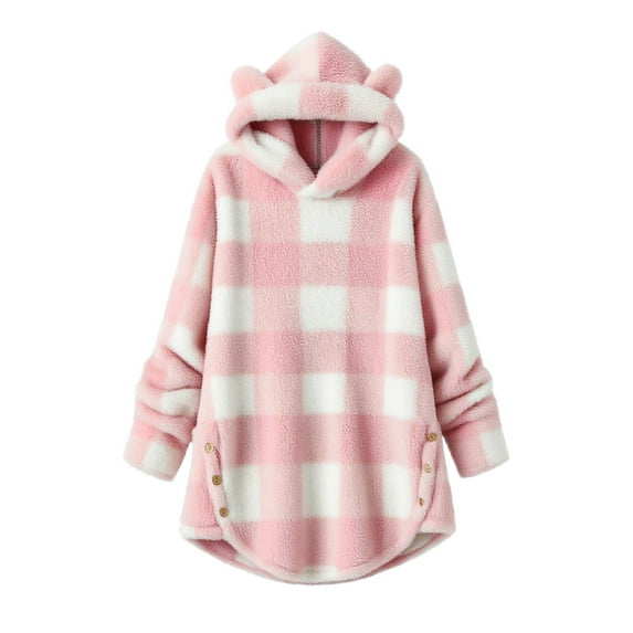 Christmas Outfits Women Sherpa Fleece Plaid Long Tops Bear Ear Hoodie Side Buttons Decor Long Sleeve Fuzzy Sweaters (10-11 Years, Pink|Girls)
