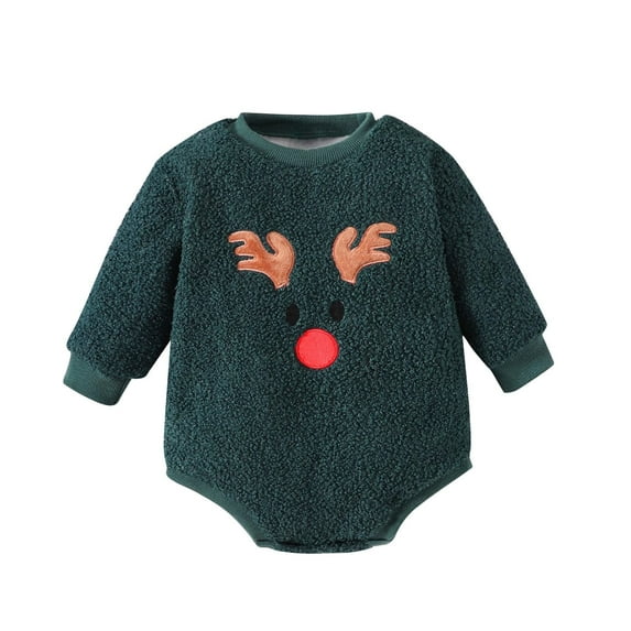 Christmas Outfits for Baby Girl Newborn Reindeer Long Sleeve Crewneck Fuzzy Fleece Romper Winter Infant Clothes, Green, 18 Months