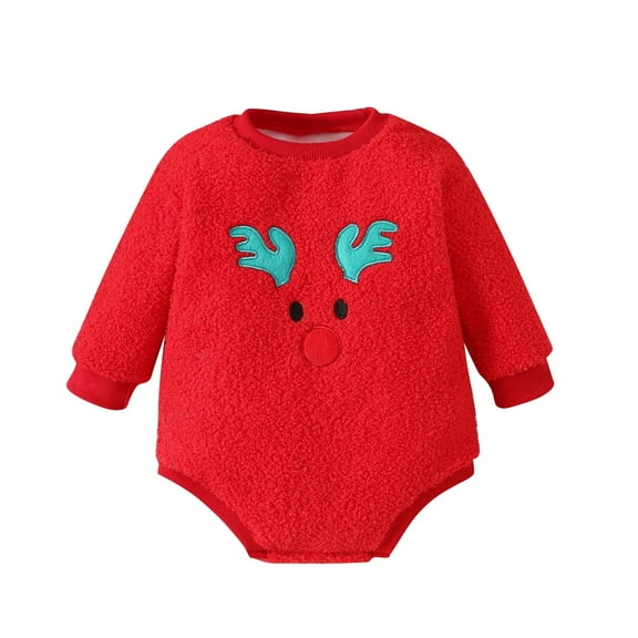 Christmas Outfits for Baby Girl Newborn Reindeer Long Sleeve Crewneck Fuzzy Fleece Romper Winter Infant Clothes, Red, 3 Months
