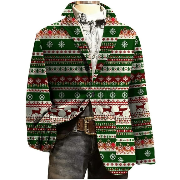 Christmas Outfits for Men Corduroy Suit Blazers Notched Button Up Long Sleeve Snowflakes Plaid Party Dressy Jacket (3XL, Green A)
