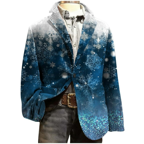 Christmas Outfits for Men Corduroy Suit Blazers Notched Button Up Long Sleeve Snowflakes Plaid Party Dressy Jacket (S, Blue)