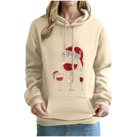 Christmas Outfits for Women Hoodies Shiny Wine Glass Printed Drawstring Hooded Loose Sweatshirt Pullover Holiday Tops (XL, Khaki 01)