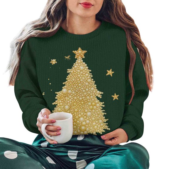 Christmas Outfits for Women Loose Crewneck Graphic Pullover Sweatshirt without Hood Long Sleeve Holiday Tops (M, Green)