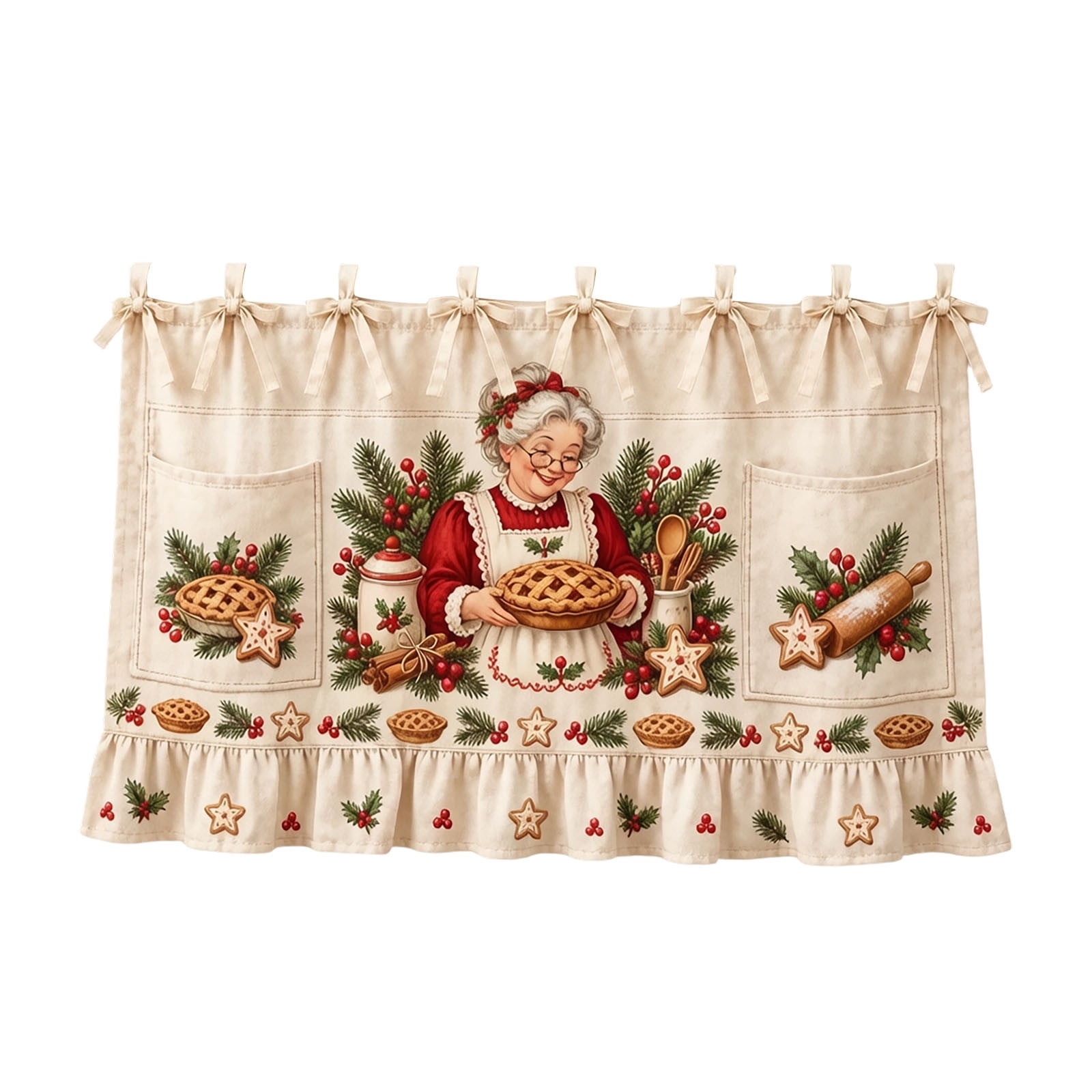 Holiday Kitchen Signs Christmas Oven Door Cover with Pockets, Tie Style Ruffled Edge Kitchen ...