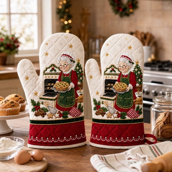 Christmas Oven Mitts 2 PCS, Retro Santa Oven Gloves, Heat Resistant Kitchen Gloves for Cooking Baking BBQ, Christmas Holiday Kitchen Decoration, Santa Claus