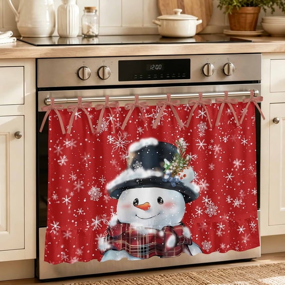Christmas Oven Skirt Curtain 27"Wx20"L,Waterproof Ruffled Stove Cover Skirt with 8 Ribbon Ties,Red Snowman Pine Cones Xmas Winter Snowflake Decorative Oven Door Curtain for Kitchen Dishwasher Cabinet