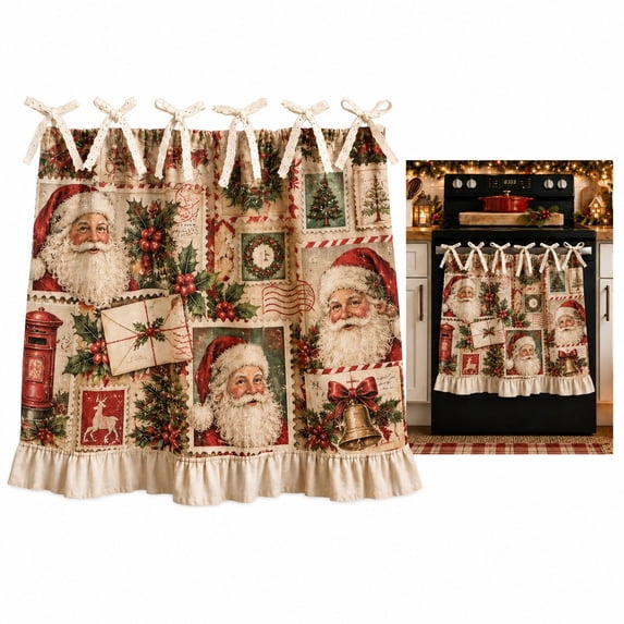 Christmas Oven Skirt Curtain, Kitchen Stove Skirt Cover with Tie Top, Rustic Xmas Botanical Decorative Cabinet Cover Dishwasher Curtain for Farmhouse Decor