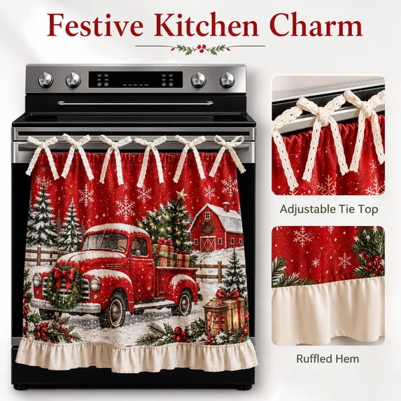 Christmas Oven Skirt Curtain, Kitchen Stove Skirt Cover with Tie Top, Rustic Xmas Botanical Decorative Cabinet Cover Dishwasher Curtain for Farmhouse Decor