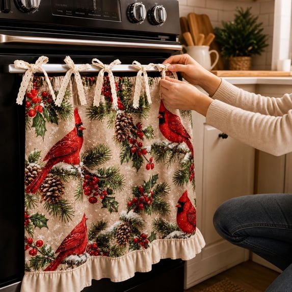 Christmas Oven Skirt,Vintage Plaid Door Cover Curtain for Kitchen Decor