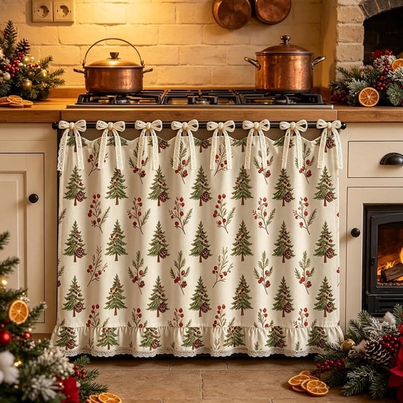 Christmas Oven Skirt with Ruffle Lace Trim, Farmhouse Tie-Top Stove Curtain, Oven Door Cover for Dishwasher Cabinet Kitchen Decor, 29.7 x 21.7 inch