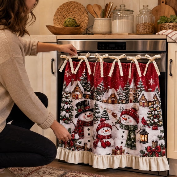 Christmas Oven Skirts for Stove Holiday Oven Door Cover,Christmas Oven Skirt and Stove Curtain with Ruffle Trim, Farmhouse Oven Skirt Curtain for Xmas Holiday Winter Kitchen Decor