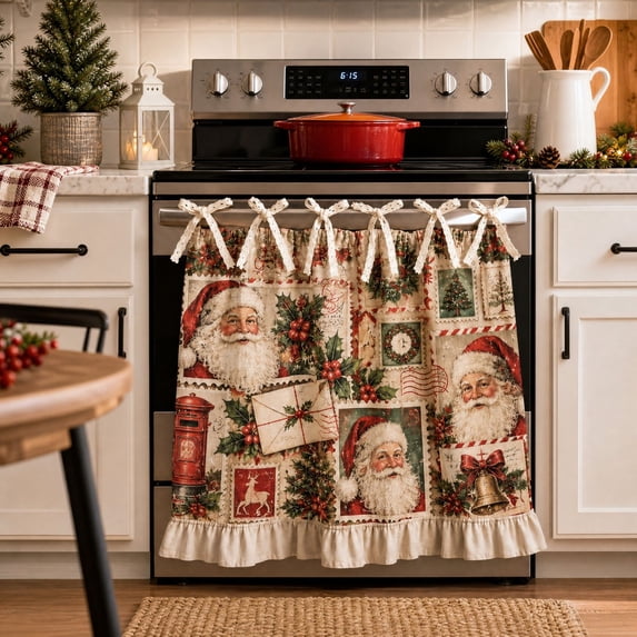 Christmas Oven Skirts for Stove Holiday Oven Door Cover,Christmas Oven Skirt and Stove Curtain with Ruffle Trim, Farmhouse Oven Skirt Curtain for Xmas Holiday Winter Kitchen Decor
