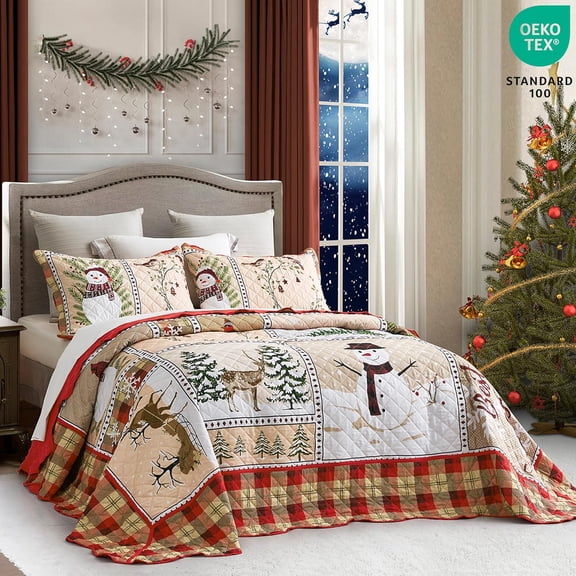 Christmas Oversized Bedspread King Size, Winter Snowman Pattern Bedding Quilt, Rustic  Plaid Patchwork Comforter Set, Lightweight & Soft Microfiber, 3 Piece, King/Cal King