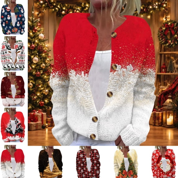 Christmas Oversized Cardigan Sweaters for Women Casual Shiny Xmas Print Lightweight Knit Cardigan Sweater Button Long Sleeve Open Front Soft Fashion Fall Winter Womens Sweaters White 4XL