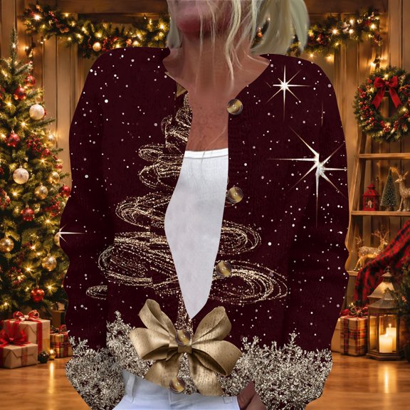 Christmas Oversized Cardigan Sweaters for Women Casual Shiny Xmas Tree Print Lightweight Button Knit Cardigan Sweater Open Front Long Sleeve Soft Fashion Fall Sweaters for Women