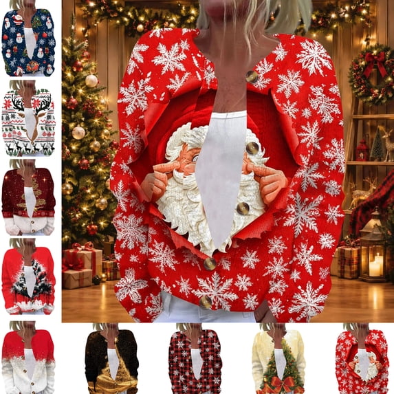 Christmas Oversized Cardigan Sweaters for Women Funny Snowflake Snowman Print Casual Knit Cardigan Sweater Button Long Sleeve Open Front Cozy Fashion Fall Women's Sweaters Red 4XL